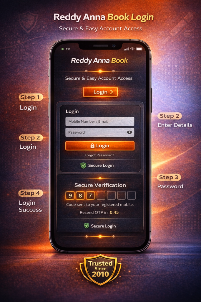 Reddy Anna Book mobile login process: secure 3-step account access with OTP verification and dashboard preview