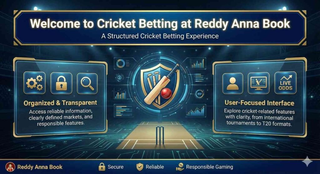 Structured cricket betting experience at Reddy Anna Book showing organized markets, secure access, and user-focused cricket betting platform