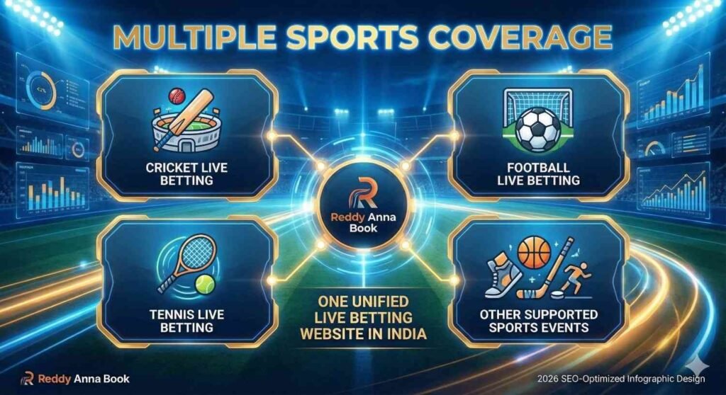 Multiple sports coverage on Reddy Anna Book showing live betting options for cricket, football, tennis, and other supported sports in India.