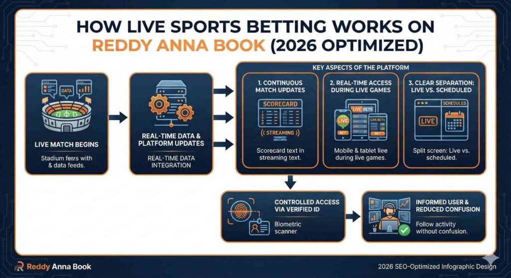 How live sports betting works on Reddy Anna Book showing real-time match updates, platform integration, and controlled live betting access