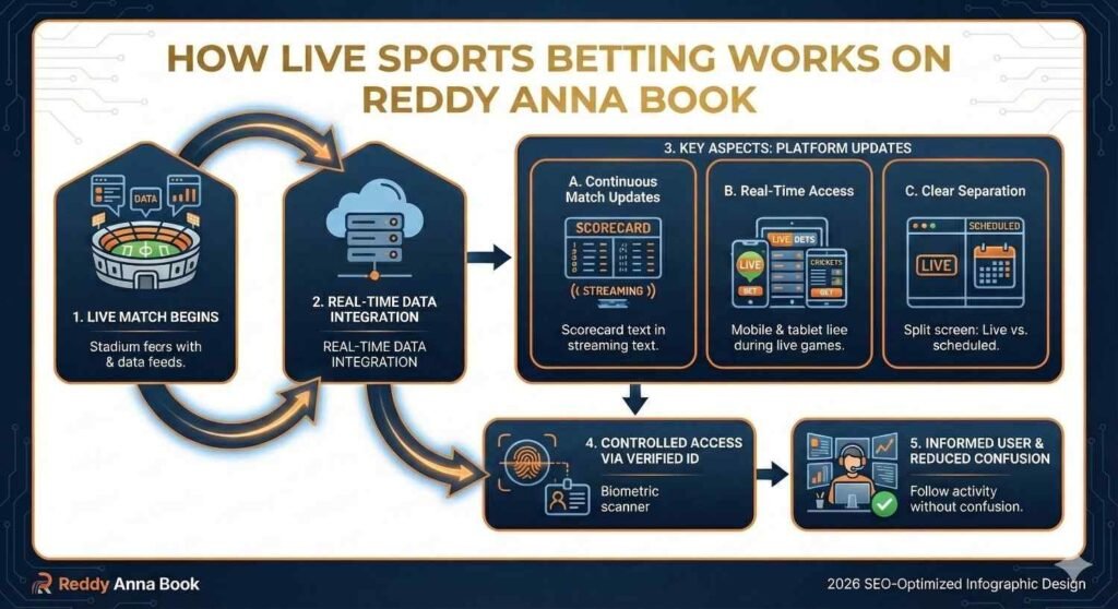 Diagram explaining live sports betting workflow on Reddy Anna Book with real-time data updates, live access, and verified user control