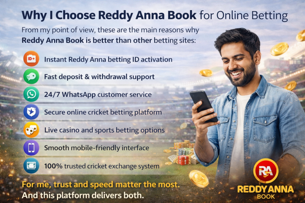 Why I Choose Reddy Anna Book for Online Betting infographic showing instant ID activation, fast withdrawal support, 24/7 WhatsApp service, secure cricket exchange and live casino platform on mobile interface