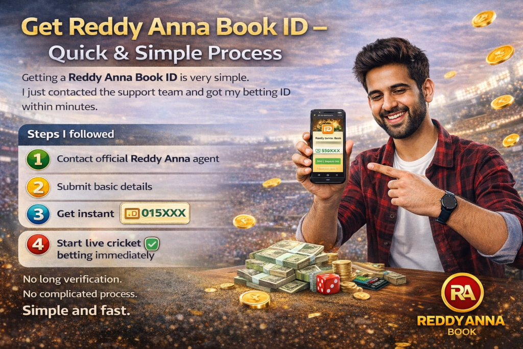 Get Reddy Anna Book ID quick and simple process infographic showing contact agent, submit details, instant betting ID activation and start live cricket betting