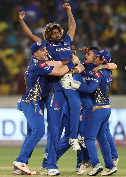 HYDERABAD, INDIA - MAY 12: The Mumbai Indians celebrate after they defeated the Chennai Super Kings during the Indian Premier League Final match between the the Mumbai Indians and Chennai Super Kings at Rajiv Gandhi International Cricket Stadium