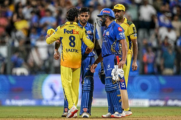 csk vs mi prediction Chennai Super Kings' Ravindra Jadeja (L) congratulates Mumbai Indians' Suryakumar Yadav (2L) and Rohit Sharma (2R) after their win at the end of the Indian Premier League