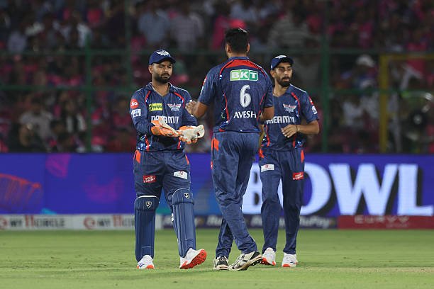 JAIPUR, INDIA - APRIL 19: Avesh Khan of Lucknow Super Giants celebrates the wicket of Yashasvi Jaiswal of Rajasthan Royals during the 2025 IPL match between Rajasthan Royals and Lucknow Super Giants at Sawai Mansingh Stadium 