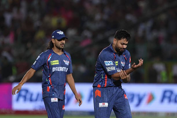 JAIPUR, INDIA - APRIL 19: Avesh Khan of Lucknow Super Giants reacts after hit by ball